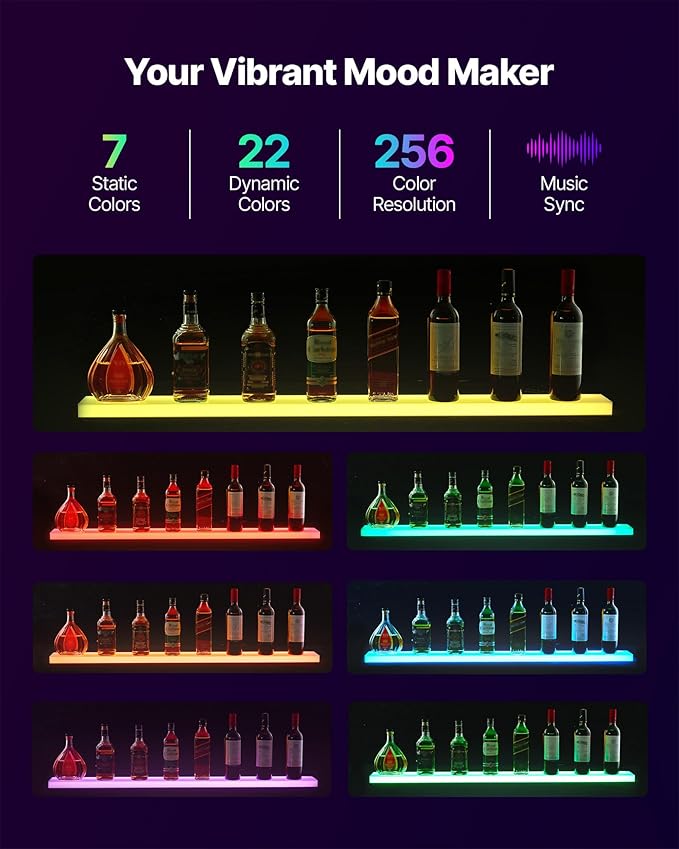 VEVOR LED Lighted Liquor Bottle Display, 1 Tier 48 Inches Whiskey Rack, Supports USB, Illuminated Home Bar Shelf with RF Remote & App Control, 7 Static Colors, Acrylic Lighted Shelf for 12 Bottles