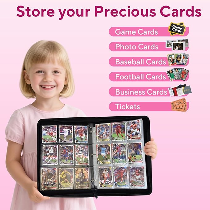 Portable 9-Pocket Trading Card Binder, Holds 1080 Cards with 60 Removable Sleeves Baseball Card Binder, Compact Card Album Organizer for Game & Sports Cards, Pink Color