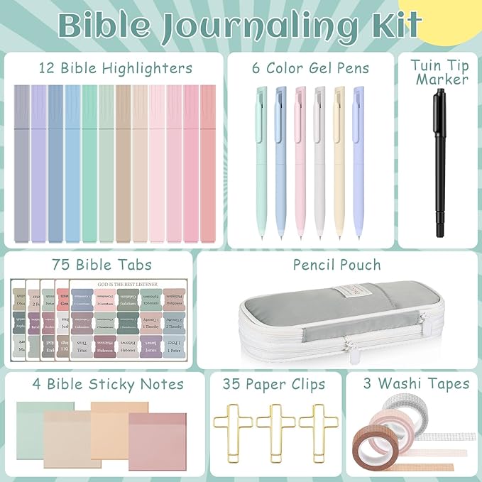 137 Pcs Bible Study Supplies Journaling Kit 1 Pencil Case 12 Highlighters 4 Sticky Notes 6 Gel Pens 35 Paper Clips 3 Tapes 1 Markers 75 Tabs for Christmas Bible School Gifts(Morandi Color)