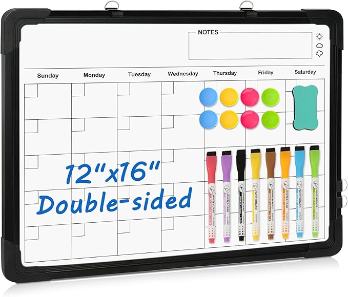Small Calendar Dry Erase Whiteboard for Wall, 16" x 12" Magnetic Dry Erase Board, Double-Sided Hanging Monthly White Board Calendar for Drawing, Kitchen, Planning, Memo, Home, Office（ Black）