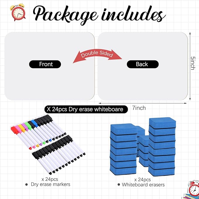 24 Sets Small Whiteboard Dry Erase Boards 5" x7'' Mini Double Sided Dry Erase Lap Boards with Markers Erasers Pen Holders Personal Whiteboards for Students Classroom Teacher