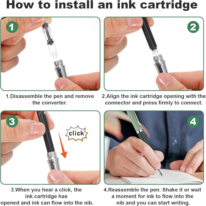 cobee Metal Fountain Pens with 10 Black Ink Cartridges, 0.5mm Fine Nib Fountain Pen Smooth Writing Luxury Calligraphy Pen Office School Supplies Gift(Green)