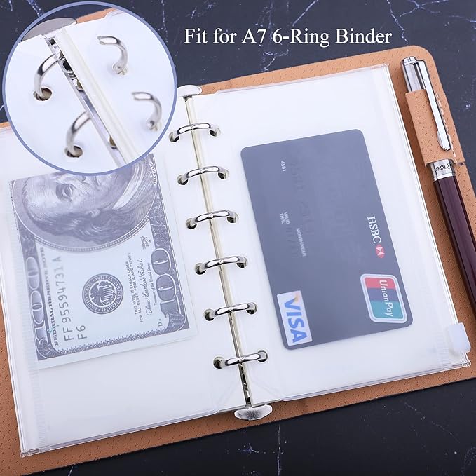 Antner 12pcs A7 Mini Binder Pockets with Zipper, 6 Holes Cash Envelopes for Budgeting, Loose Leaf Bags for A7 6-Ring Budget Wallet Binder, Clear Planner Insert Pouches - 13.3cm x 8.7cm