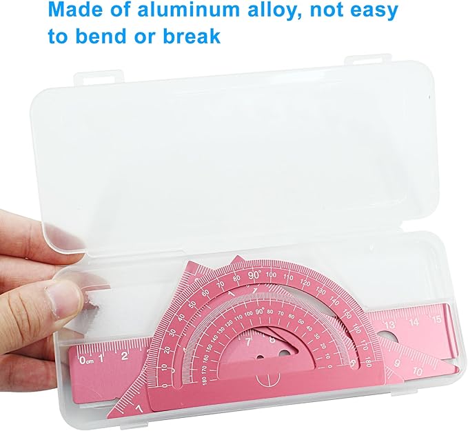 4 Pcs Triangular Ruler Set, Aluminum Alloy Geometry Tools, Metal Drafting Ruler for Students, Draftsmen, Engineers, School Office Supplies with Protractor & Metric Scales (Pink)