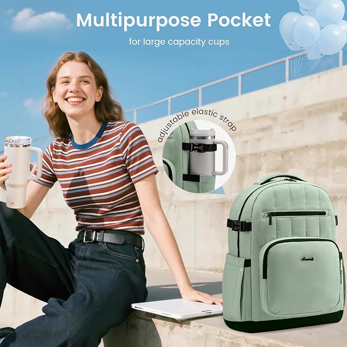 LOVEVOOK Laptop Backpack for Women with Giant Tumbler Holder Pocket,17 Inch Puffer Travel College Work Backpack Purse for Teacher Nurse,Casual Laptop Bag Computer Back Pack Daypack,Mint Green-Black
