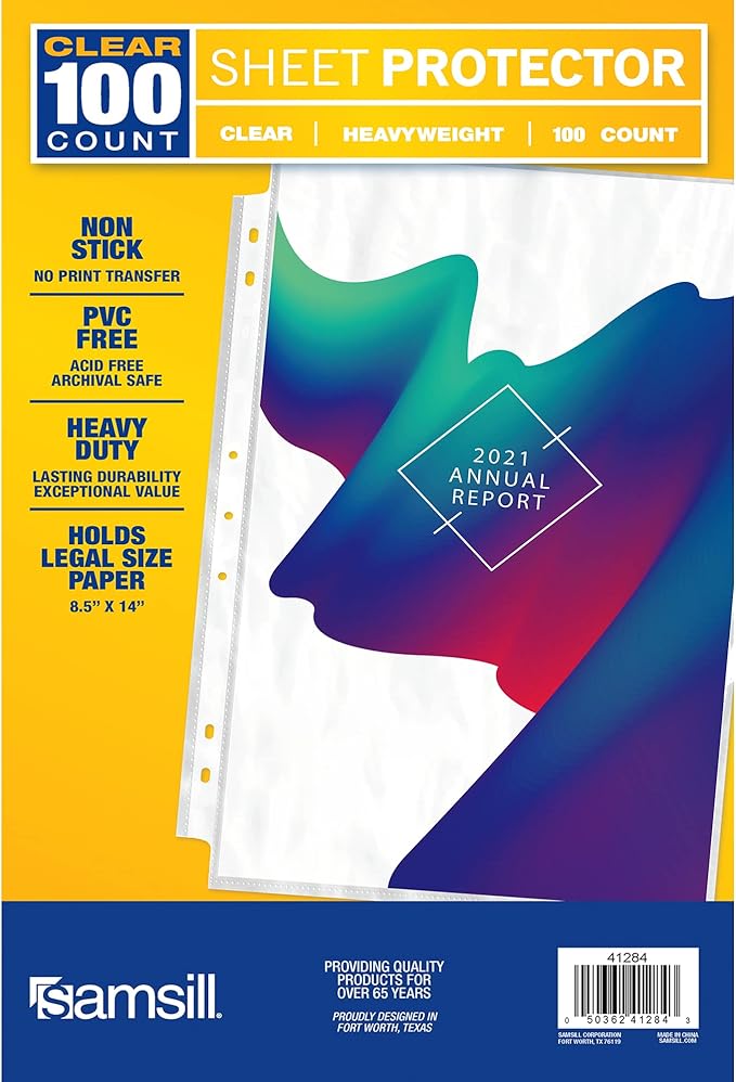 Samsill 100 Pack Legal Sheet Protectors, 8.5 x 14 Inch Document Protectors for Legal Binder, Heavyweight, Clear, Legal Size, Top Loading, Acid Free