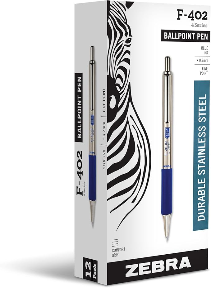 Zebra Pen, STEEL F-402 Retractable Ballpoint Pens, 0.7mm Fine Point, Blue Ink, Stainless Steel Barrel and Clip, Easy-Glide Ink, Comfort Grip, Refillable Pens for Office, School, 12-Pack (29220)