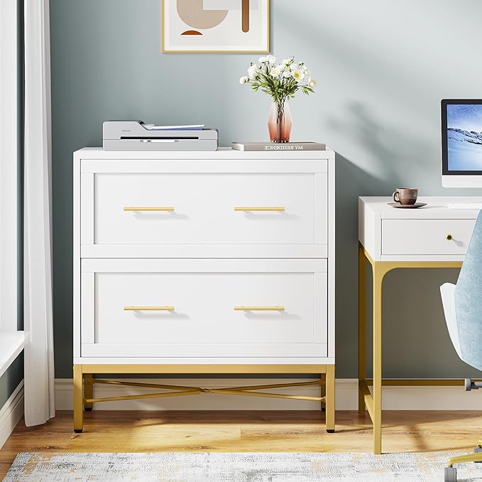 Tribesigns Modern White 2 Drawer File Cabinet, Lateral Filing Cabinet for Letter/Legal/A4 Size, Wood File Storage Cabinets Printer Stand with Storage for Home, Office, White and Gold