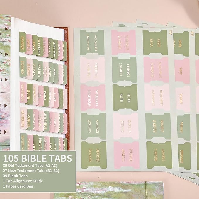 Bible Tabs, 66 Gold Foil Pre-Printed Chapter Labels + 39 Blank Water Lilies Theme Laminated Index Tabs with Alignment Ruler, Bible Journaling Study Supplies for Women & Men, Bible Sticker Accessories
