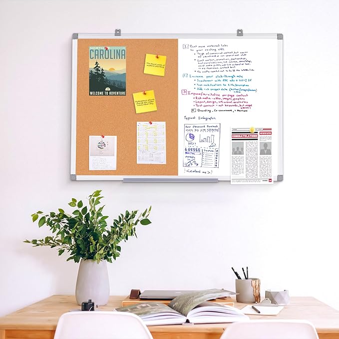 S SWANCROWN Half Corkboard and Magnetic Whiteboard Combo Dry Erase Bulletin Board for Retail School,Office,Family,Aluminium Frame,36x24 Inches