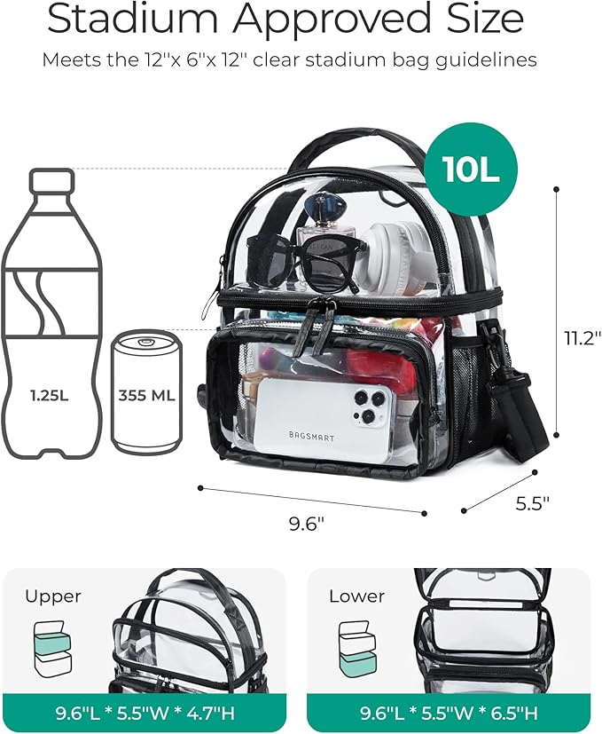 BAGSMART Stadium Approved Clear Bag 12"x6"x12", Double Deck Lunch Box, Convertible to Backpack, Waterproof PVC, Camel