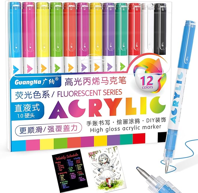 Redfun Acrylic Gel Pens, 12 Pcs Fluorescent Color Liquid Ink Highlighter Markers, 1mm Fine Tip Acrylic Paint Markers for Coloring Books, Drawing, Journaling, Scrapbooking Christmas Stocking Stuffers
