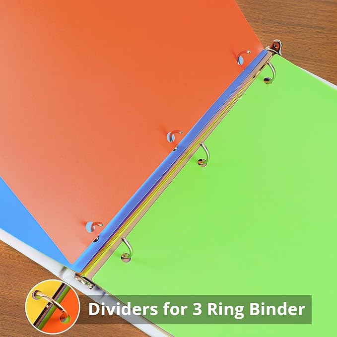Binder Dividers with Tabs, Sturdy Plastic 3 Ring Binder with 8-Tabs, Colorful Page Protectors for School, 3 Set (24 Pcs)