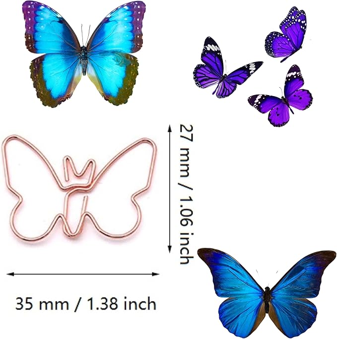 Cute Paper Clips, Butterfly Paperclips, Smooth Metal Paper Clips for File Organization or Decoration - Perfect for Home, Office, School.（80 Pcs/Box, Pink, Gold, Rose Gold