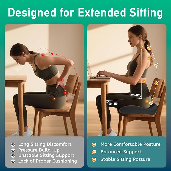 Firm Support Seat Cushion for Long Sitting, Ergonomic Memory Foam with Coccyx Cut-Out, Stable Pressure Distribution for Office Chair, Gaming & Daily Home Seating, Non-Slip Bottom, Washable Cover