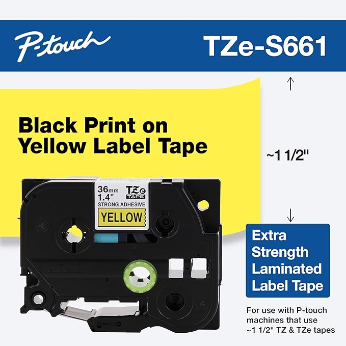 Brother Laminated Extra-Strength Black on Yellow 1 1/2 Inch Tape - Retail Packaging (TZeS661) - Retail Packaging