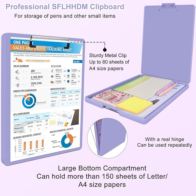 SFLHHDM Clipboard with Storage,Heavy Duty Clip Boards 8.5x11 with 2 Storage Case,Clear Visible Panel Storage Clipboards,Side Opening Nursing Clipboard Folder for Office Supplies-Lavender Purple