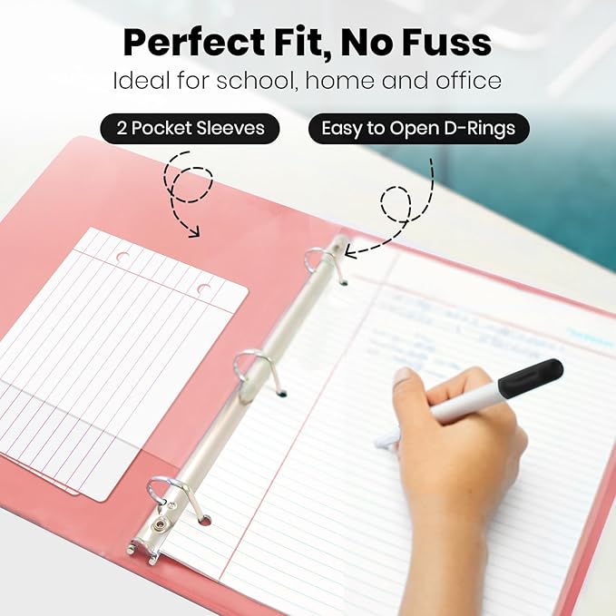 Yoobi 3 Ring Binders – 1.5 Inch Binder with Round D Rings and 2 Pockets, Durable, PVC-Free Organizer with 375 Sheets Capacity, 4- Pack Colored Binders with Plastic Cover for Office Supplies