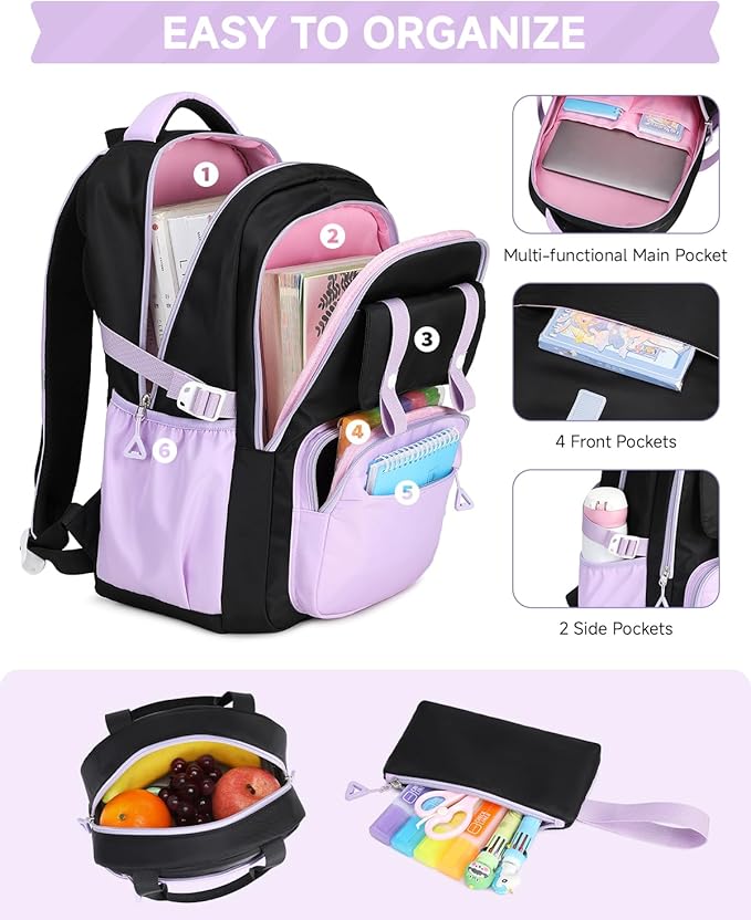 Girls Backpack with Lunch Box 3Pcs, Waterproof School Bag Set for Teen Elementary Middle School, Multi-Pocket Laptop Bookbag Lightweight, Purple