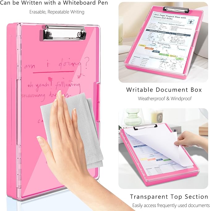 SFLHHDM Clipboard with Storage,Heavy Duty Clip Boards 8.5x11 with 2 Storage Case,Clear Visible Panel Storage Clipboards,Side Opening Nursing Clipboard Folder for Office Supplies-Pink