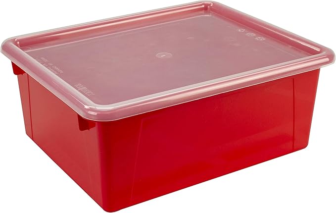 Storex Letter Size Deep Storage Tray – Organizer Bin with Non-Snap Lid for Classroom, Office and Home, Red, 5-Pack (62545A05C)