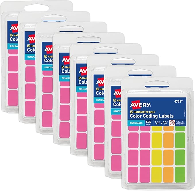 Avery Color-Coding Removable Labels, 1/2" x 3/4", Assorted Neon Colors, Non-Printable, 8 Packs, 4,200 Blank Labels Total (21928)