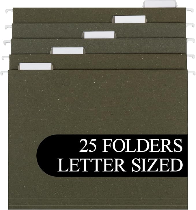 Island Brand Hanging File Folders, 25 Pack, Green, Letter Size (8.5" x 11"), 5 Tab Positions, Everyday Filing Essentials for Home, Office and School Organization