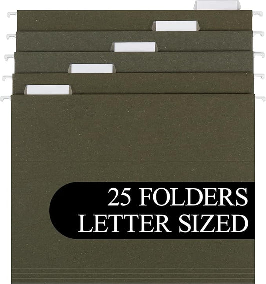 Island Brand Hanging File Folders, 25 Pack, Green, Letter Size (8.5" x 11"), 5 Tab Positions, Everyday Filing Essentials for Home, Office and School Organization