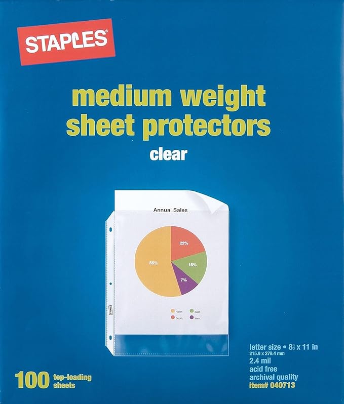 Staples Sheet Protectors, 8.5" x 11", Top‑Loading, 3‑Hole Punched, Clear Poly Page Protectors, 2.4 Mil Standard Weight, 500‑Pack