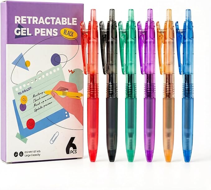 Four Candies 6Pack 0.5mm Black Ink Quick Dry Retractable Gel Pen Set, Cute Transparent Pastel Fine Point Note Taking Aesthetic lnk Pens, Comfort Grip Drawing Writing School Office Home