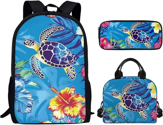 Sea Turtle Backpack for Girls, 3PCS Kids School Bag with Lunch Box Pencil Case Lightweight Book Bag Set for School Travel, Large School Backpack for Kids, Blue