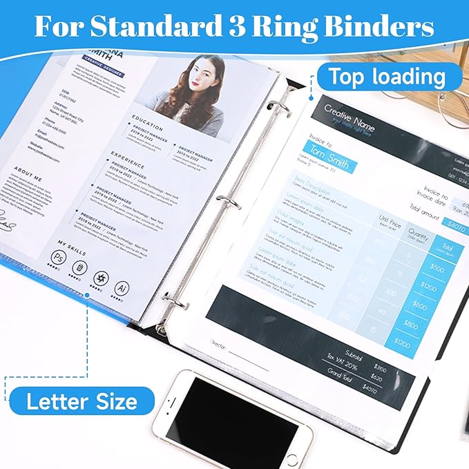 100 Pack Sheet Protectors for 3 Ring Binder - Clear Page Protectors & Plastic Sleeves for Paper 8.5x11 Inch, Binder Sleeves and Paper Protector Sheet for Document, Letter Size, Top Loading