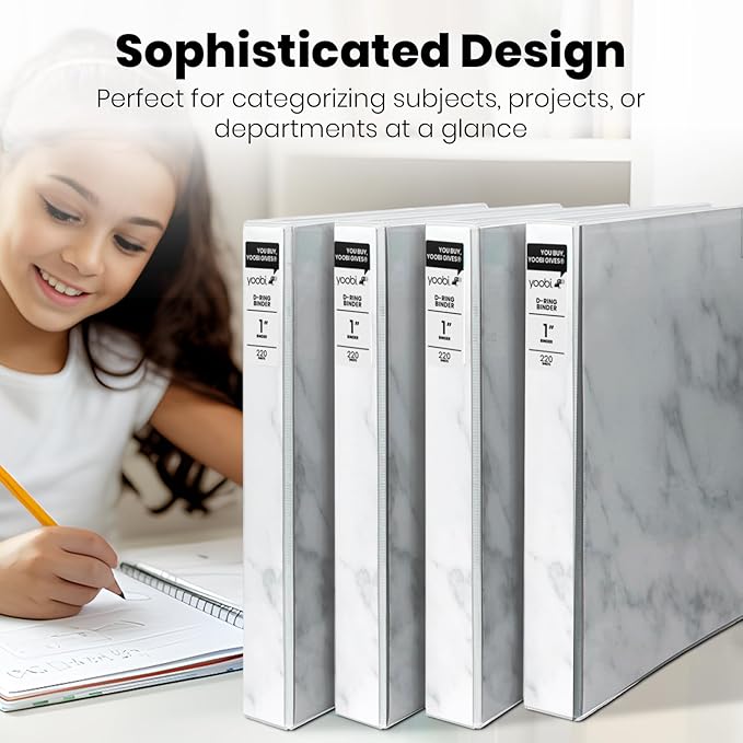 Yoobi 3 Ring Binders- Marble Design, Gray Color- 1 Inch Binder with Round D Rings and 2 Pockets, Durable, PVC-Free Organizer with 220 Sheets Capacity, 4- Pack with Plastic Cover for Office Supplies