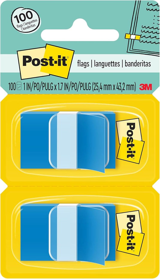 Post-it Flags, 1 in. x 1.7 in., Two Dispensers with 50-Count Bright Blue Sticky Tabs Per Dispenser (100 Flags Total), Removable Page Markers for Planners, Journals, and Calendars