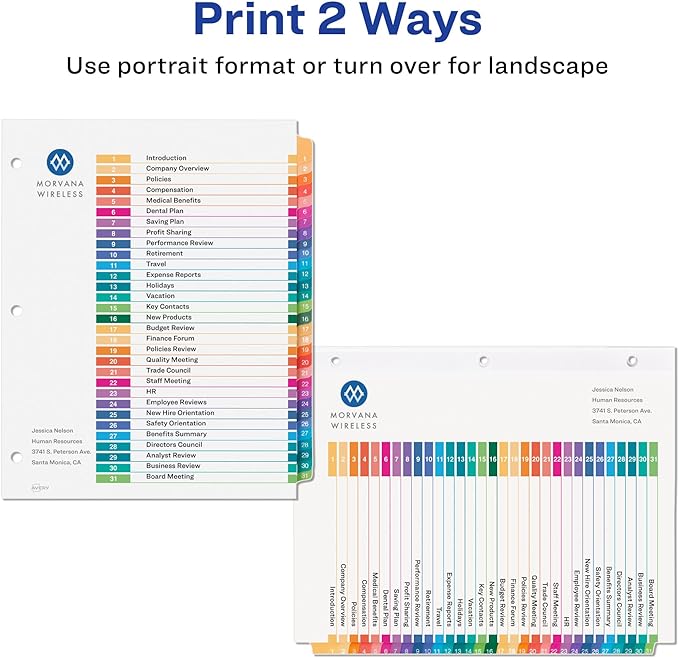 Avery 1-31 Dividers for 3 Ring Binders, 31 Tabs per Set, Customizable Table of Contents, Multicolor Tabs, Great for Organizing Reports, Projects, and More (12 Sets of 11129)