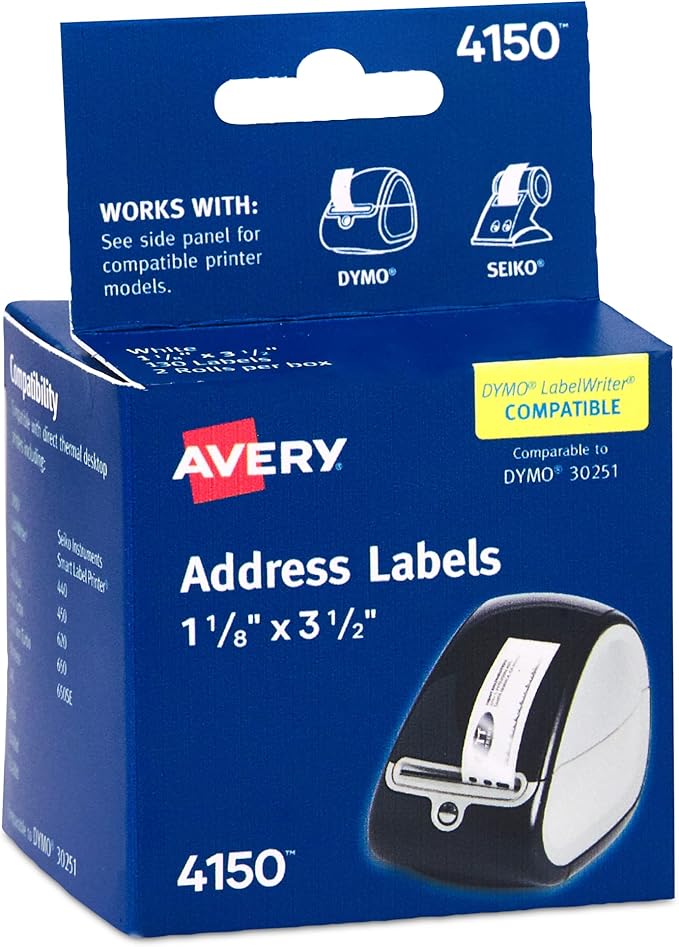Avery Direct Thermal Address Labels, 1-1/8" x 3-1/2", White, Direct Thermal Printable, Comparable to DYMO 30251, 2 Rolls of Blank Labels per Pack, 2,600 Total (10 Packs of 4150)