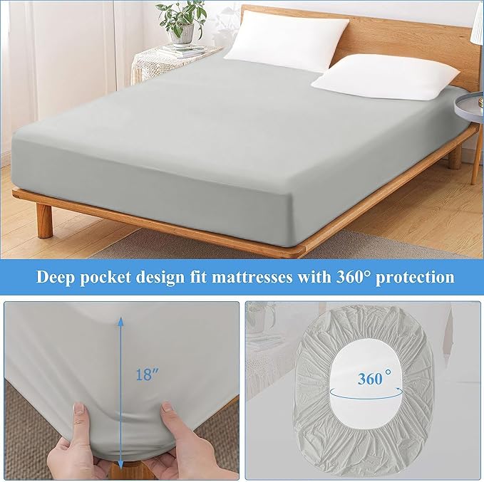 Queen Waterproof Mattress Protector - Noiseless, Breathable, Machine Washable Fitted Mattress Cover with Deep Pocket up to 5”-21”（Light Grey）