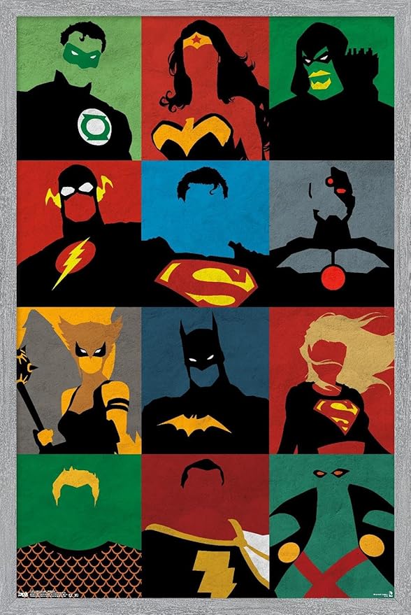 DC Comics Justice League - Minimalist Wall Poster, 22.4L" x 14.7W", Gray Framed Version