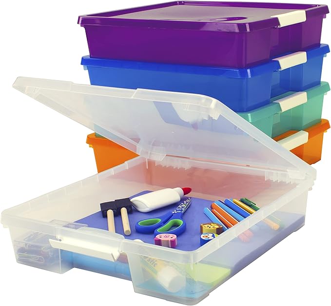 Storex Classroom Craft Project Box – Stacking Plastic Organizer Fits 12x12 Scrapbooking Paper, Assorted STEAM Colors, 5-Pack (63202C05C)