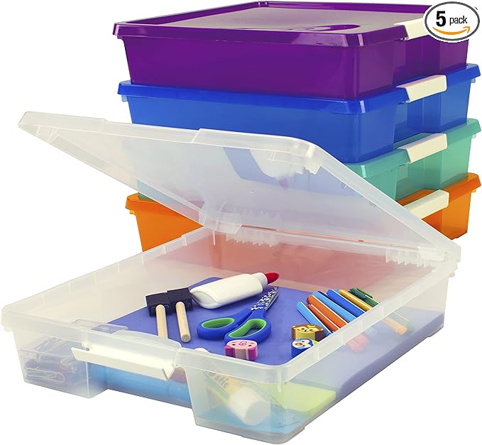 Storex Classroom Student Project Box, Plastic, 15.25 x 13.25 x 3.25 inches , Assorted Tints, 5-Pack (63202U05C), standard sized