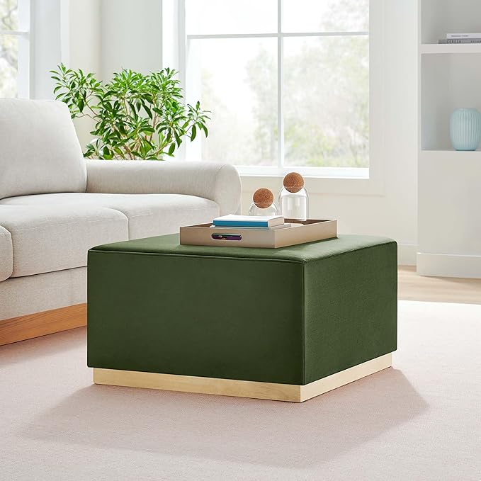 Modway Tilden 28 Inch Square Performance Velvet Upholstered Ottoman in Moss Green Natural - Large Ottoman Foot Rest with Rubberwood Plinth Base, Living Room Ottoman Coffee Table - Velvet Ottoman Table