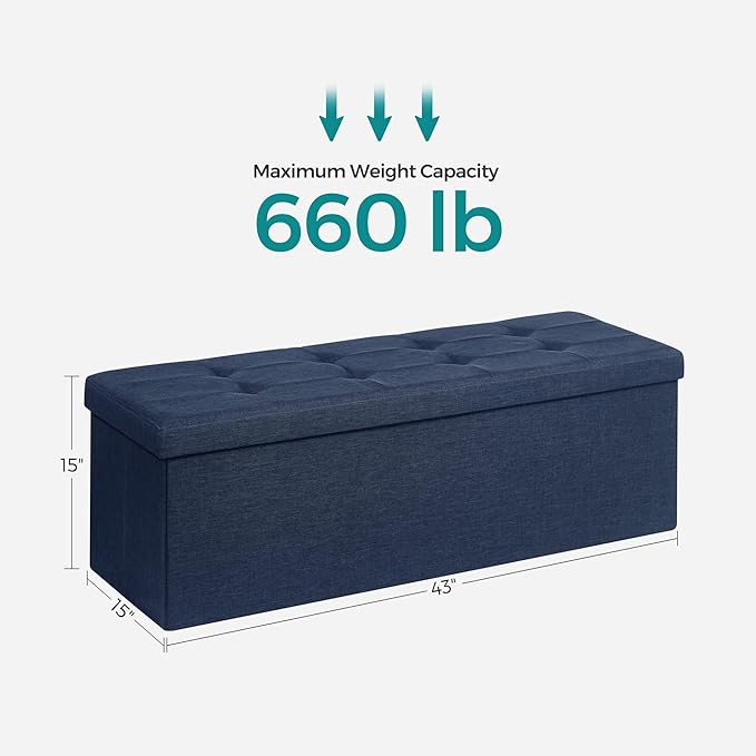 SONGMICS 43 Inches Folding Storage Ottoman Bench, Set of 2, Storage Chest, Foot Rest Stool, Bedroom Bench with Storage, Dark Blue, ULSF432Q01