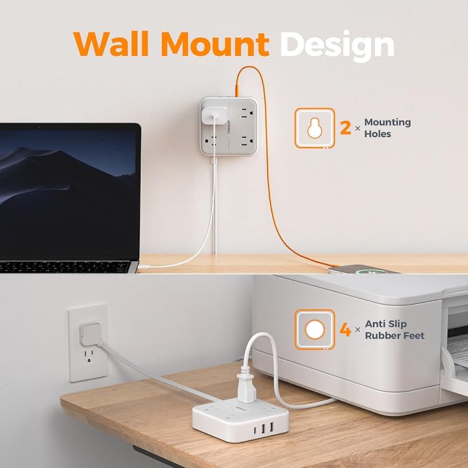 TESSAN Surge Protector Power Strip, 3 Ft Ring Pull Extension Cord with Multiple Outlets, 3 USB (1 USB C) 4 Outlets, 900J Surge Protection, Desktop Charging Station for Home, Office, Dorm Room