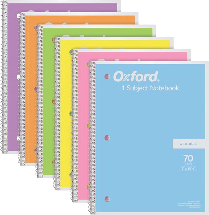 Oxford Spiral Notebooks, 6 Count, 1 Subject, Wide Ruled Notebooks for School, 8 x 10.5 Inches, 70 Sheets, Assorted Pastel Colors, Back to School Supplies (63757) (Pack of 8)