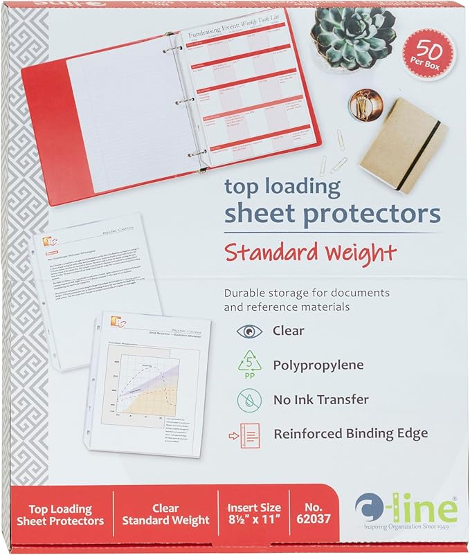 C-Line Top Loading Standard Weight Poly Sheet Protectors, Clear, 8.5 x 11 Inches, 50 per Box (62037)