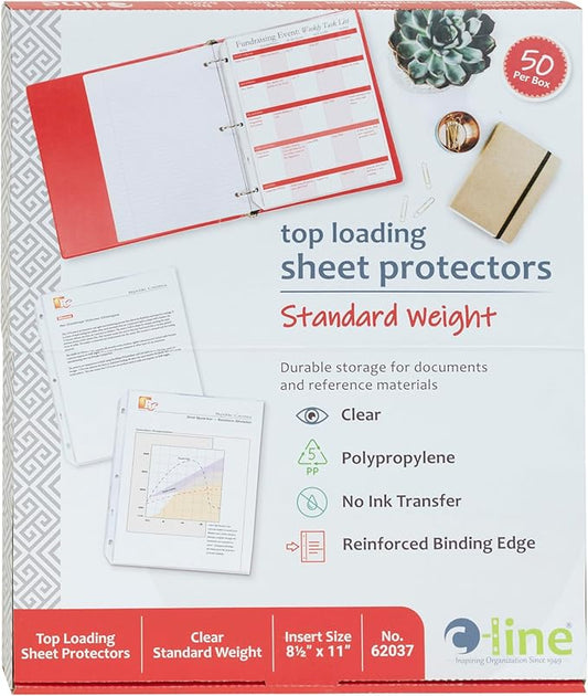 C-Line Top Loading Standard Weight Poly Sheet Protectors, Clear, 8.5 x 11 Inches, 50 per Box (62037)