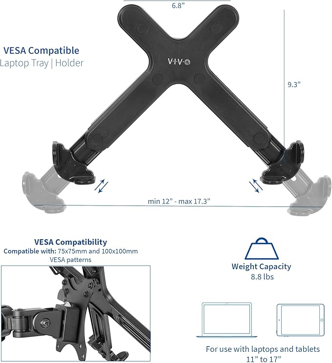 VIVO Adjustable 11 to 17 inch Laptop Holder Only for VESA Compatible Monitor Arms, Notebook Adapter for VESA Monitor Mounts up to 100x100mm Stand-LAP4