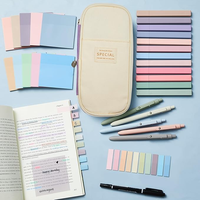 Jutom 39 Pcs Aesthetic Book Annotation Kit Highlighter with Pencil Case Bag Gel Pen Transparent Sticky Note Taking Bible Study College School Supplies(Purple,Cute Style)