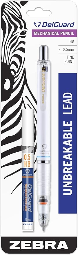Zebra Pen DelGuard Mechanical Pencil 0.5mm, White Barrel, Resists Lead Breaking, Double Spring Protection, Built-In Eraser, Textured Grip, Refillable, Includes Extra Lead, 1-Pack (58691)