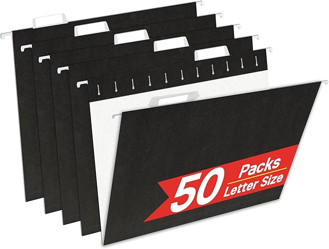 Black Hanging File Folders,50 Packs Letter Size File Folder,Designed for Bulky Files,Filing Cabinet,1/5 Adjustable Tabs for Office,School,Home